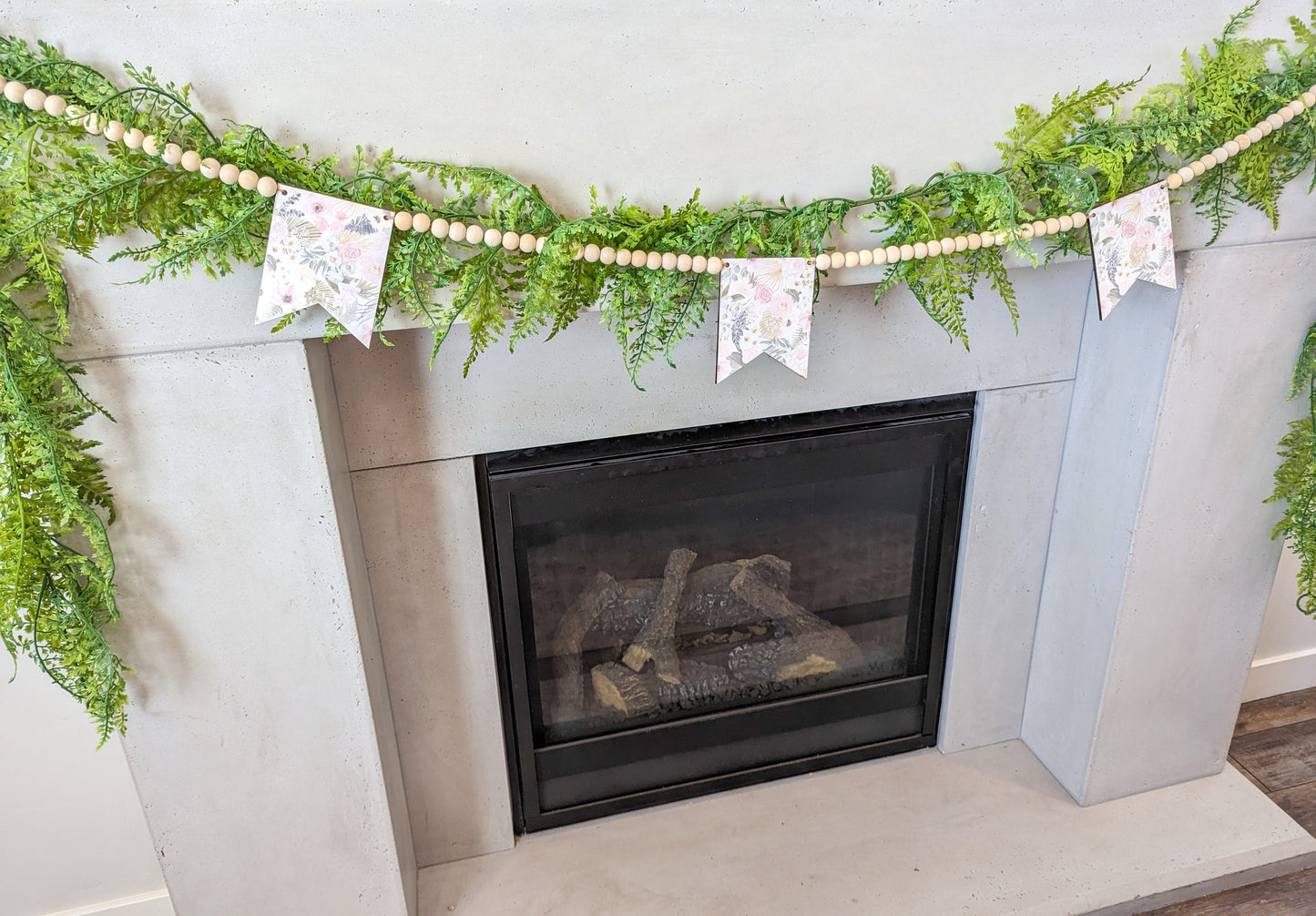 Cream Floral Wooden Pennants And Wooden Beads Garland