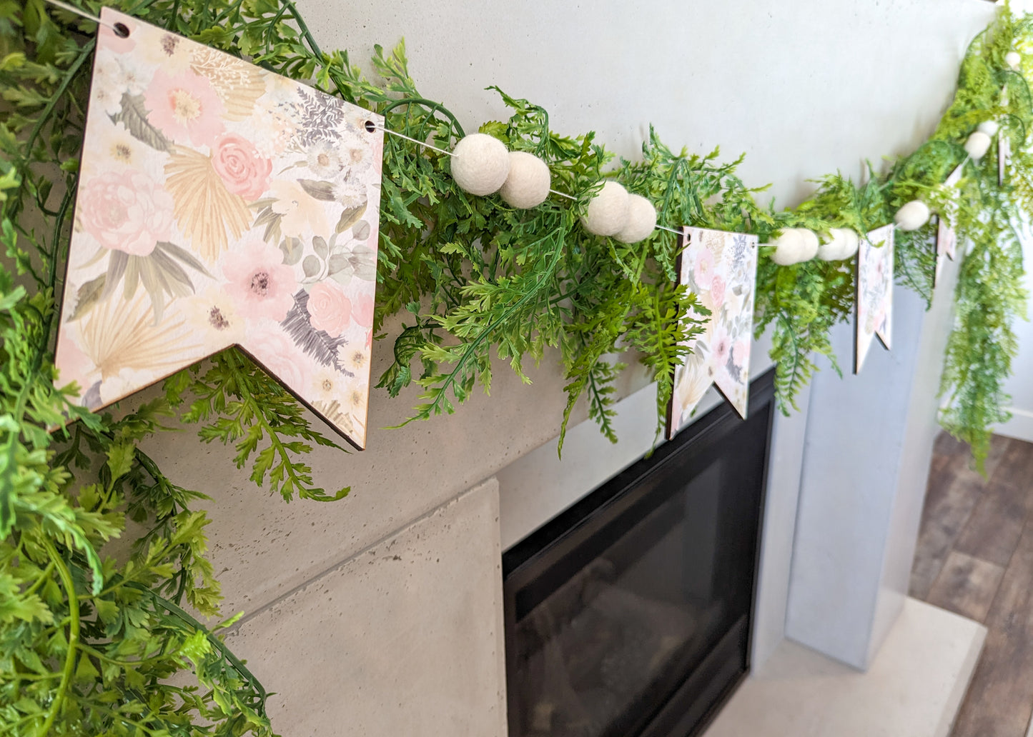 Cream Floral Wooden Pennant And Felt Ball Garland