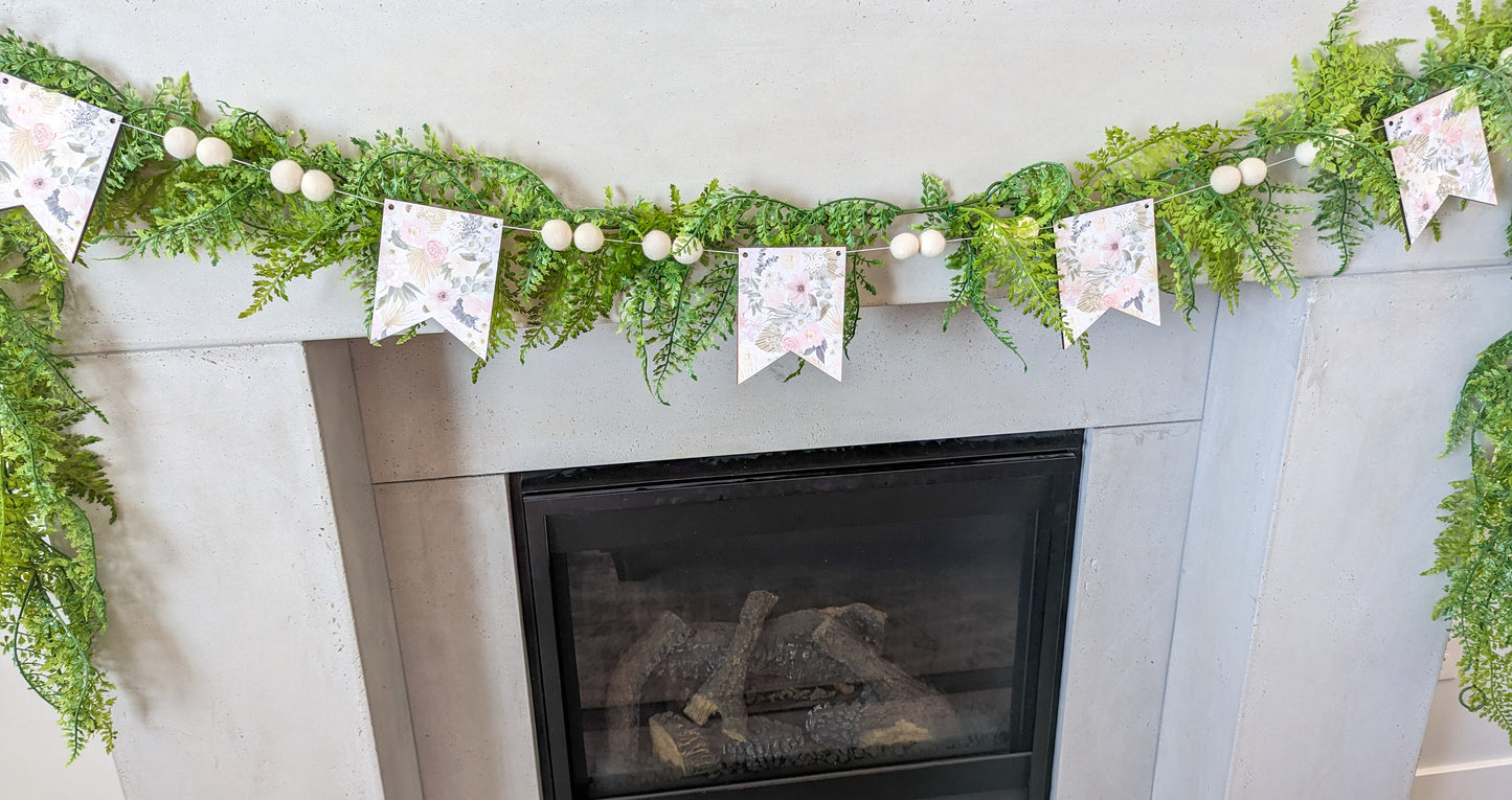 Cream Floral Wooden Pennant And Felt Ball Garland