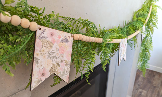 Cream Floral Wooden Pennants And Wooden Beads Garland