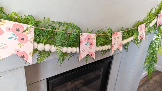 Pink Floral Wooden Pennant Garland