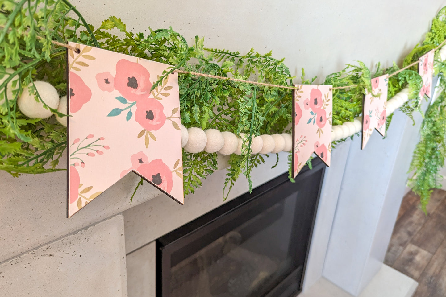 Pink Floral Wooden Pennant Garland